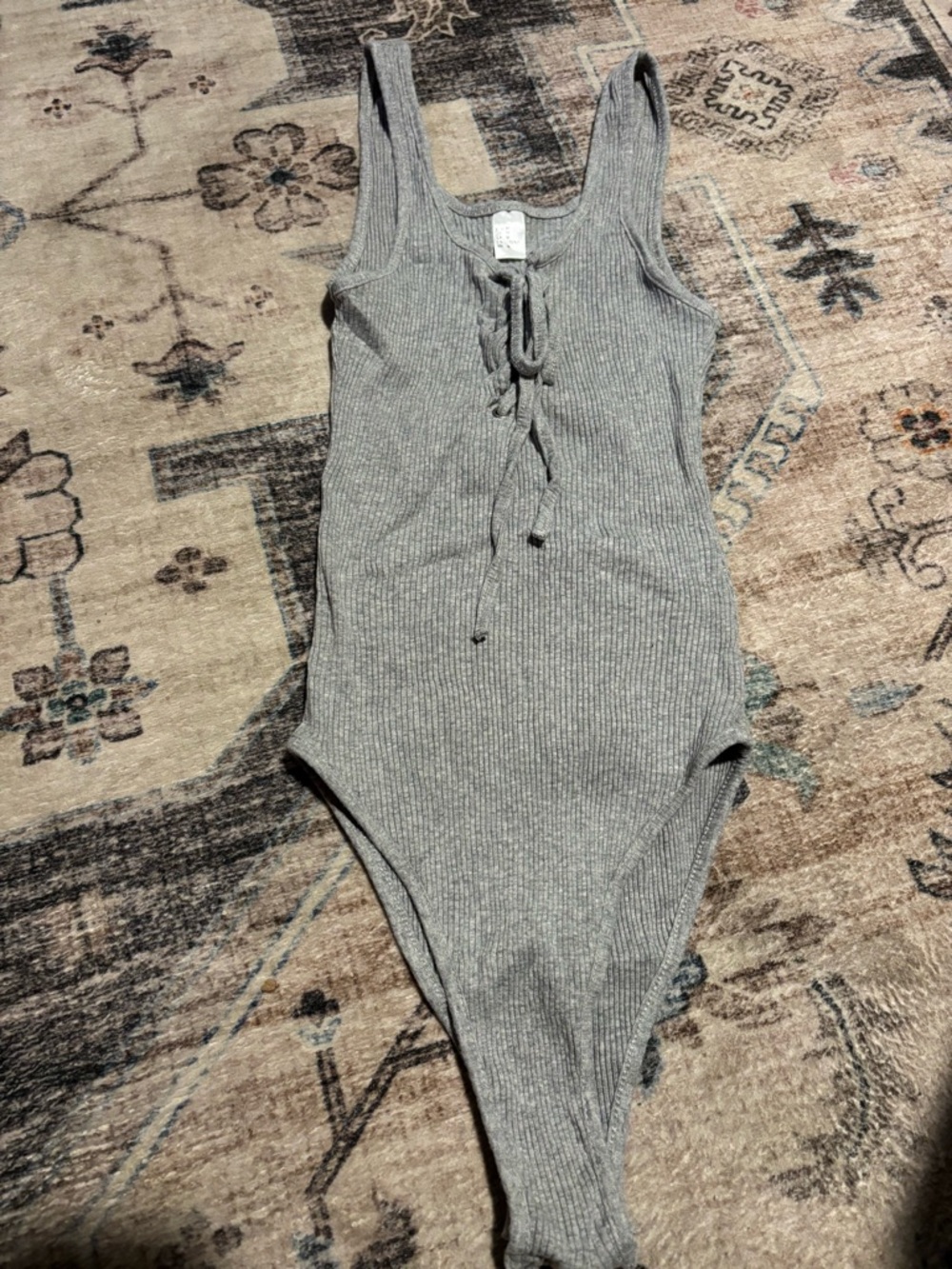 Women’s Ribbed Gray Bodysuit with Front Tie